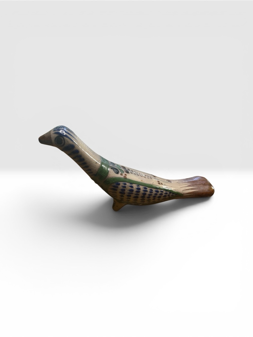 Vintage Mexican Folk Art Pottery Bird Hand Painted Clay Figurine Tonala Style